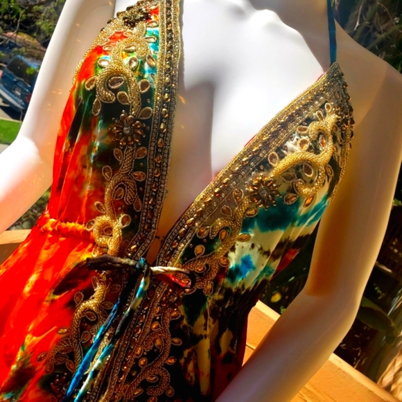 **LAST ONE***MANISH VAID- Tie Dye Silky Rayon Cry.Emb. Hi-Lo Dress OS NWT WoW*** - Picture 4 of 9